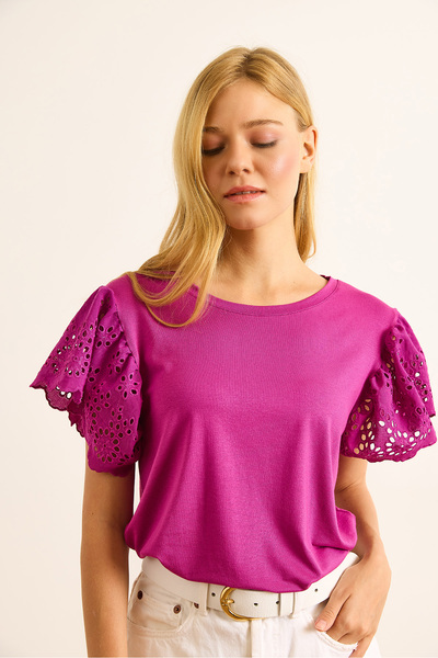 Olalook Women's Fuchsia Sleeve Scalloped Knitted Viscose Blouse Blz-19002553