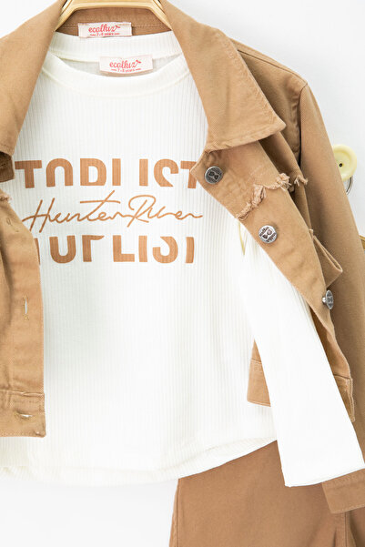 Cansın Mini Tan Tassel Jean Jacket and Trousers Girl's 3 Piece Suit 20696