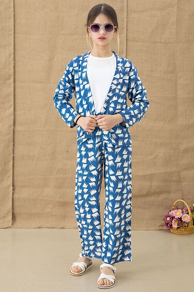 Cansın Mini Blue Patterned Blouse and Wide Leg Trousers Girl's 3 Piece Set 20760
