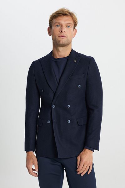 ALTINYILDIZ CLASSICS Men's Navy Blue Woolen Slim Fit Slim Fit Swallow Collar Cover Pocket Blazer Jacket