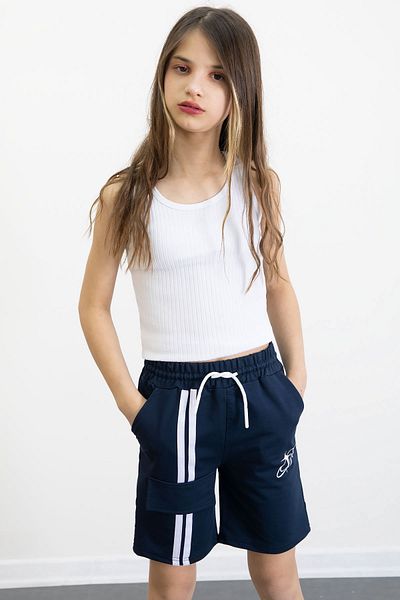 Cansın Mini Navy Blue Elastic Waist Stripe Detailed Girl's Shorts 20748