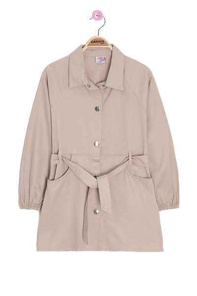 Cansın Mini Beige Snap Closure Belted Girl's Linen Dress 20693