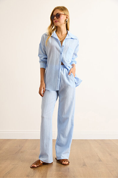 Olalook Women's Baby Blue Muslin Shirt Trousers Set Tkm-19000422