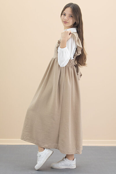 Cansın Mini Bej Fırfır Detaylı Uzun Kol Gömlekli Kız Çocuk Uzun Kesim Elbise 20555