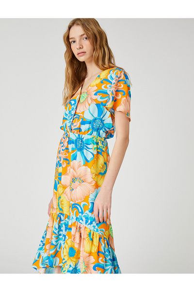 Koton Floral Short Sleeve Wrap Over Midi Dress