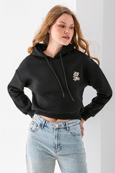 GİYSA Women's Hooded Teddy Bear Embroidered 3-Thread Crop Sweatshirt Black - 2668