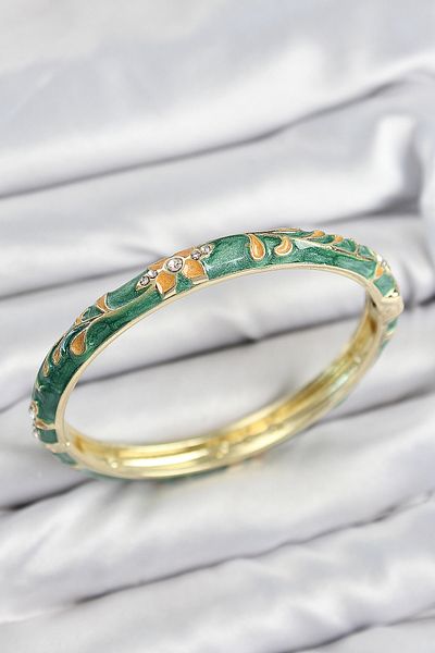 STİLLOVE Mineli Brass Zircon Stone Green Flower Motif Gold Women's Handcuffs
