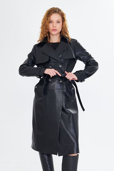 By Marki Marki Women's Black Trench Coat, Genuine Leather, Stylish Trench Coat with Wide Collar, Belt and Button Closure - 111222