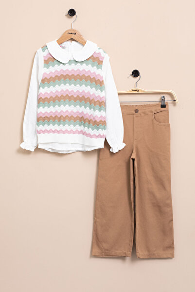 Cansın Mini Coffee Knitted Sweater, Muslin Shirt, Girl's Trousers 3 Piece Set 20670