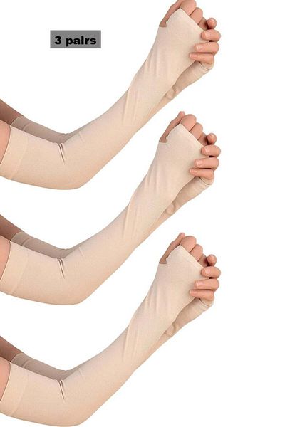 AGD 3 Pairs of Transparent Arm Sleeves for Women, Detachable, Long Sleeves, UV Protection/Beige