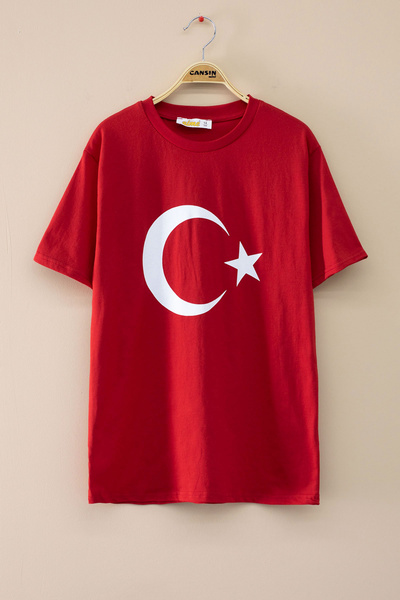 Cansın Mini Red Turkish Flag Printed Crew Neck Children's T-Shirt 20552
