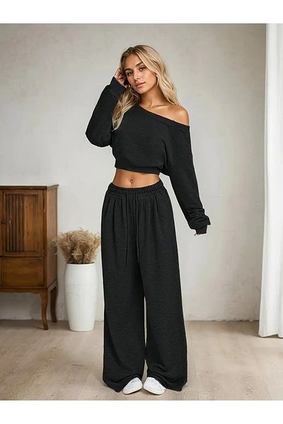 Machetta Women's Boat Neck Sweatshirt Sweatpants Double Bottom Top Set