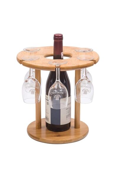 Generic Wine Glass Holder Bamboo Wine Bottle Holder Handmade Countertop Wine Rack with 6 Glass Rack & 1 Bot