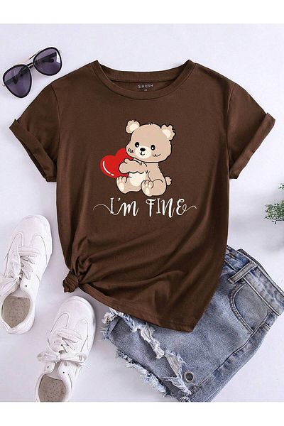 aynewmoda Short Sleeve Round Neck T-Shirt with Bear and Logo Print for Women