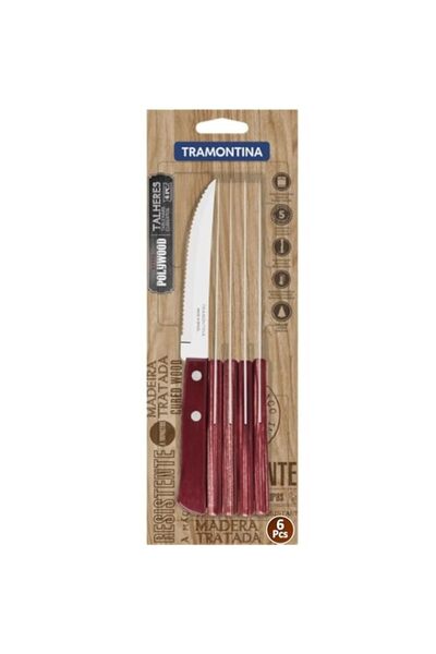 Generic طقم سكاكين شرائح اللحم ترامونتينا بولي وود، 6 قطع، بشفرة من الفولاذ ا...