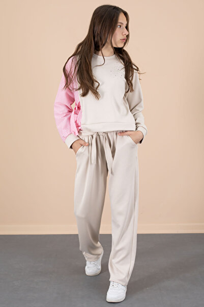 Cansın Mini Pink Line Patterned Stone Detailed Blouse and Girl's Belted Trousers 2 Piece Set 20659