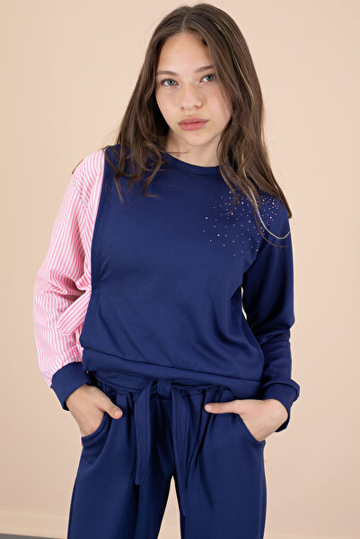 Cansın Mini Navy Blue Stripe Patterned Stone Detailed Blouse Girl's Belted Pants 2 Piece Set 20662