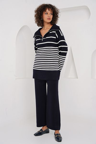 Merterium Women's Knitwear Sweater Trousers Double Suit Navy Blue 1084