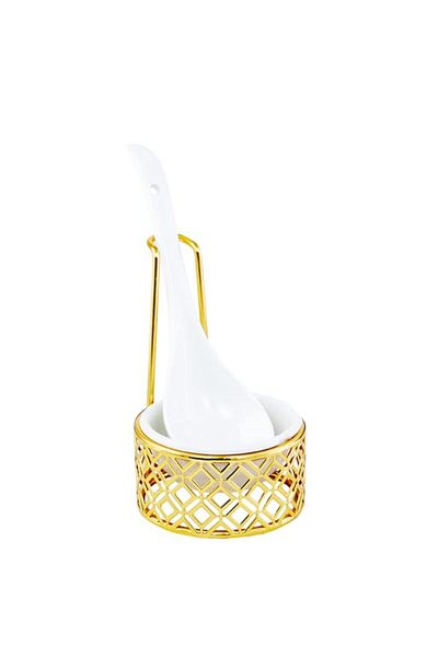 Generic Bone China Shallow Soup Spoon Rest in Gold Metal Rack with Serving Spoon, White/Gold, CX1015S