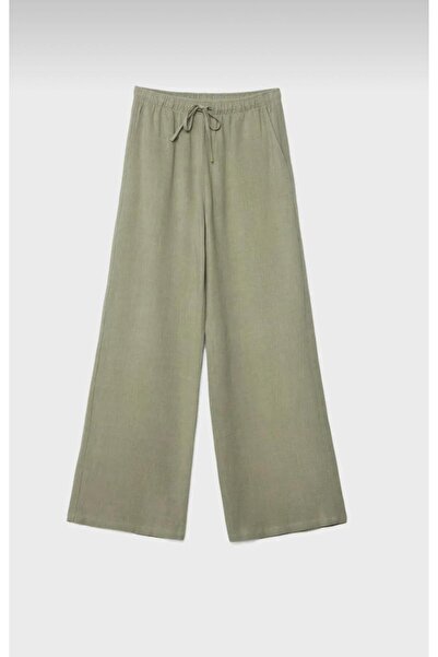 QUUL'Y New^^^Women's New Season Linen Mixed Waist Rubber Detail Lace up Palazzo Pants (Efil Efil)