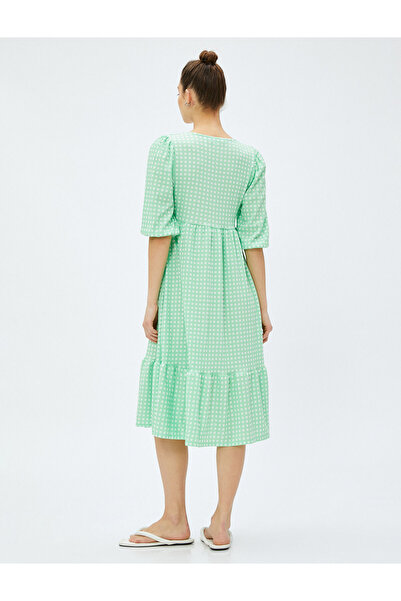 Koton V Neck Puff Sleeve Ruffle Wrap Over Midi Dress