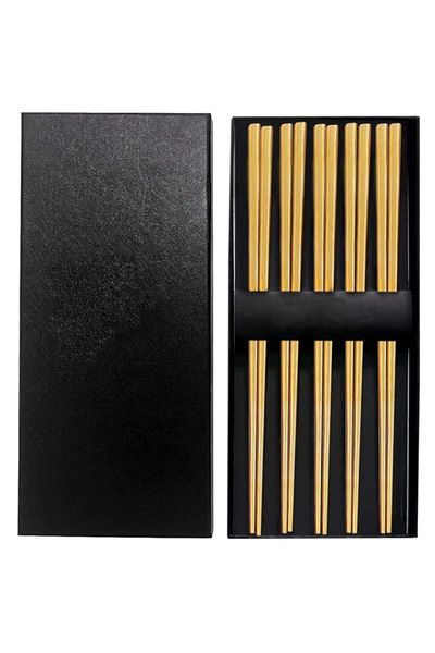 Generic KASTWAVE Stainless Steel Chopsticks - Gold Reusable 5 Pairs Set - Dishwasher Safe, Lightweight, Squ