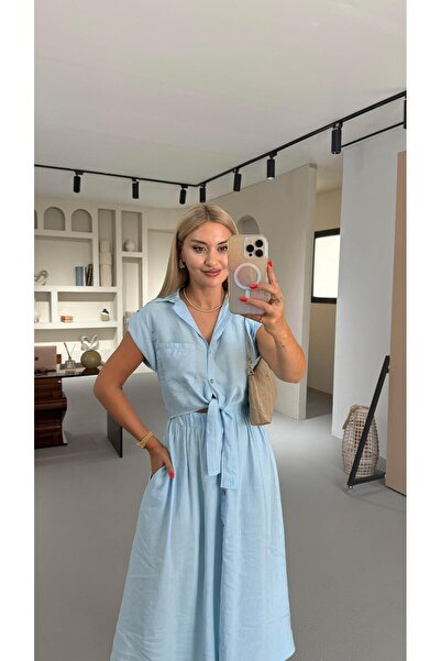 Sezgi Tekin Boydan Düğmeli Bağlama Detay Bebek Mavi Gömlek Elbise