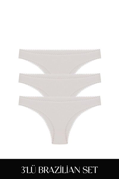 Feu De Elu Cotvie Ecru Cotton Brazillian Set of 3 Panties