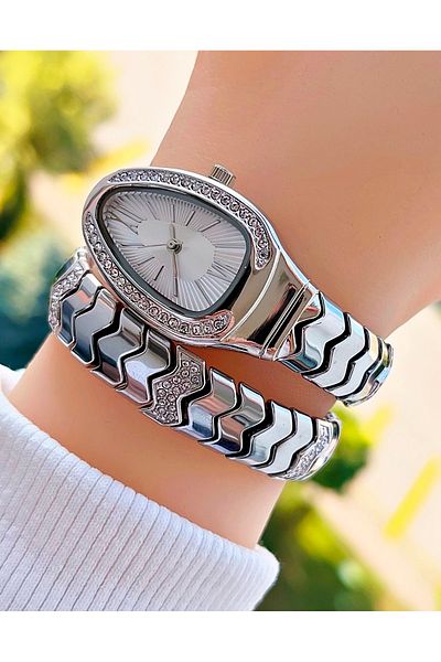 İSTLİV Silver Color Stone Snake Model Women's Wristwatch