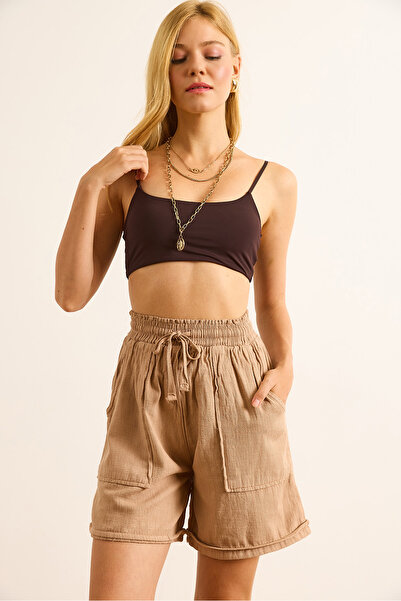 Olalook Women's Camel Elastic Waist Pocket Linen Shorts Shrt-19000078