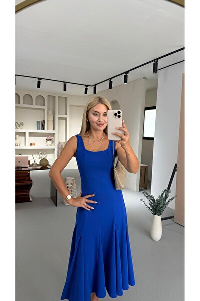 Sezgi Tekin Square Neck Godeli Saks Bell Dress