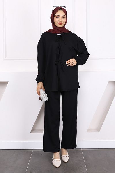 İmajButik Black Front Tie Wrap Kimono Pants Suit
