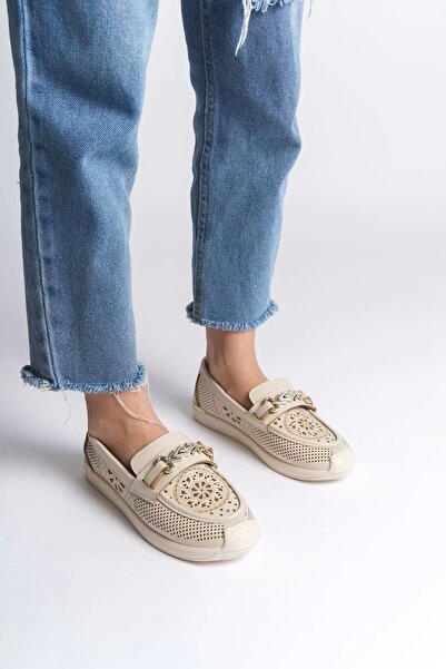 Hümeyra Scarf Lily Laceless Orthopedic Comfortable Sole Floral Patterned Women's Ballerina Shoes Kt - Cream