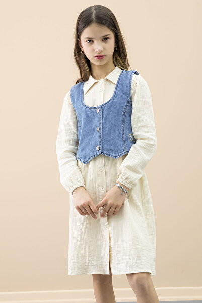 Cansın Mini Krem Jean Yelekli Uzun Kol Kız Çocuk 2li Müslin Elbise 20668