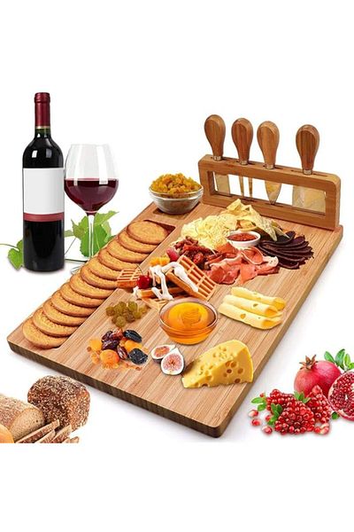 Generic Widousy Bamboo Cheese Board Set, Charcuterie Board with 4 Stainless Steel Cheese Knives, Ideal for