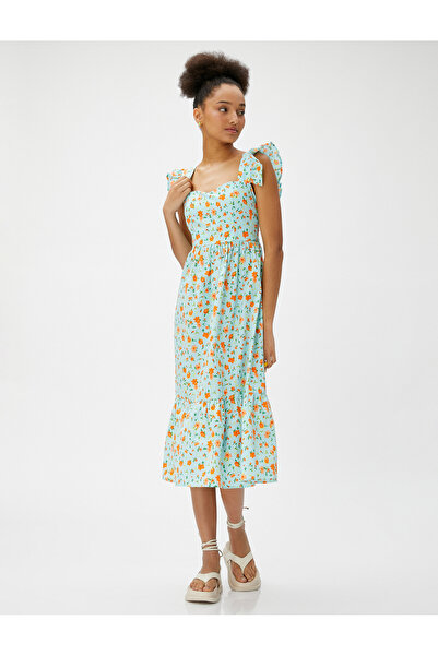 Koton فستان متوسط الطول من القطن مع كشكشة وحمالات ونقشة زهور