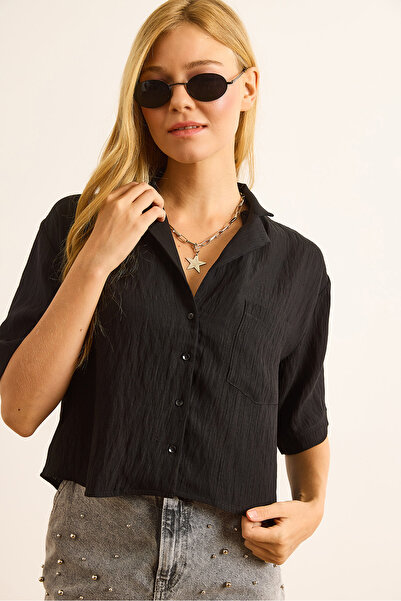 Olalook Women's Black Single Pocket Transparent Stripe Crop Shirt Gml-19001384