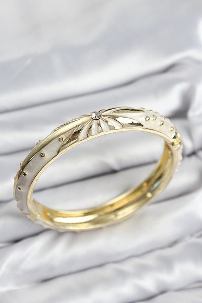 STİLLOVE Mineli Brass Zircon Stone Beige Pattern Motif Gold Women's Handcuffs