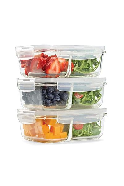 Generic Fit & Fresh Divided Glass Containers, Two Compartments, Containers with Locking Lids, Glass Storage