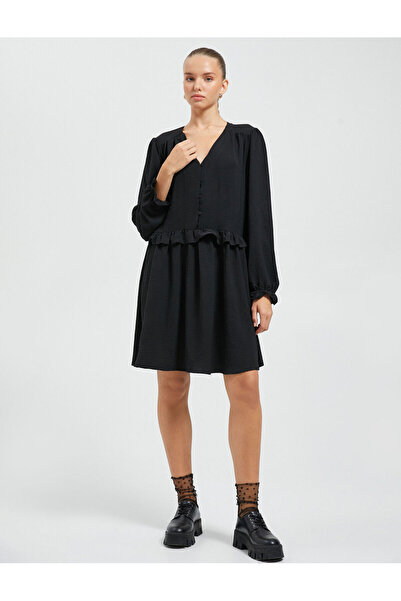 Koton Long Sleeve Midi Dress Ruffle Button Detail V Neck