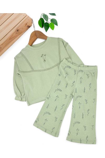 Ege Bebek Girl's Flower Embroidered, Wide Leg Leggings, Seasonal 2-3-4-5-6 Years Old Stylish Girl's Set
