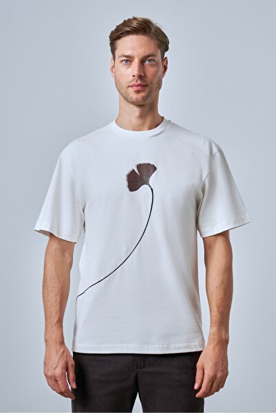 SPORTEMPT Ginkgo Leaf Printed Oversize Men's Crew Neck T-Shirt - Ecru