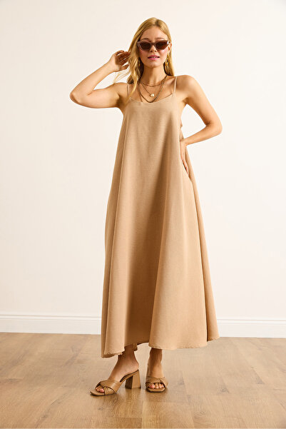 Olalook Women's Camel Strap Adjustable Linen Bell Dress Elb-19002527