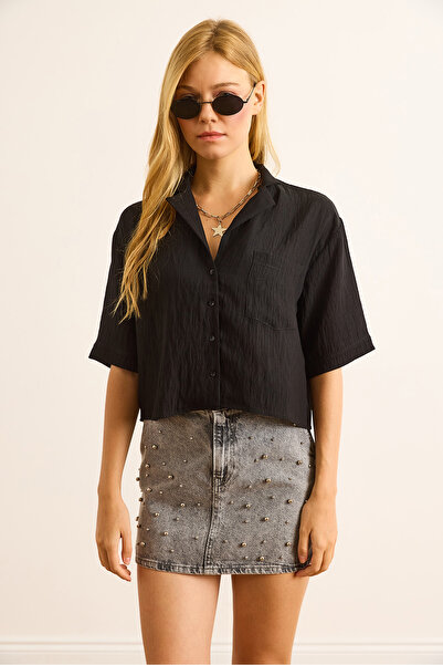 Olalook Women's Black Single Pocket Transparent Stripe Crop Shirt Gml-19001384