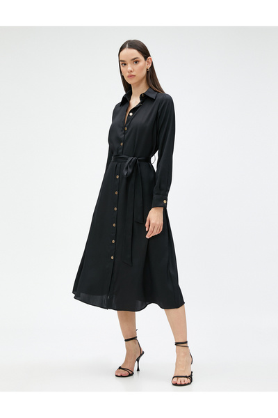 Koton Midi Belted Satin Shirt Dress