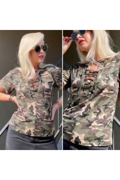 rengafashion Lace Detail Camouflage Pattern Blouse