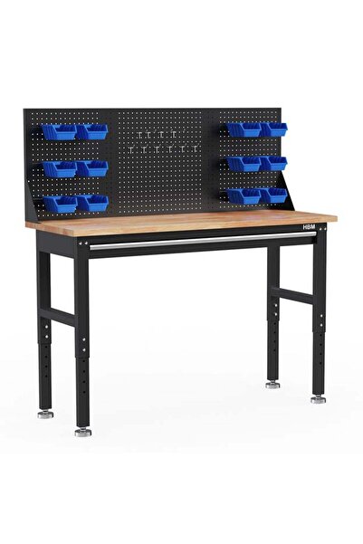HBM Machines HEIGHT ADJUSTABLE WORKBENCH WITH WOODEN TOP, 1 DRAWER AND TOOL ORGANIZER PANEL 152CM
