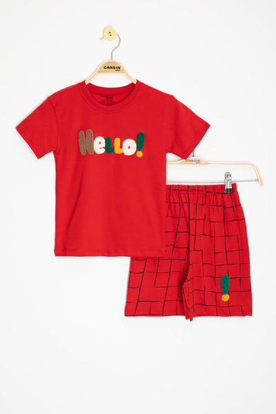 Cansın Mini Red Lettering Embroidered Short Sleeve T-Shirt Boys Shorts Set 20587