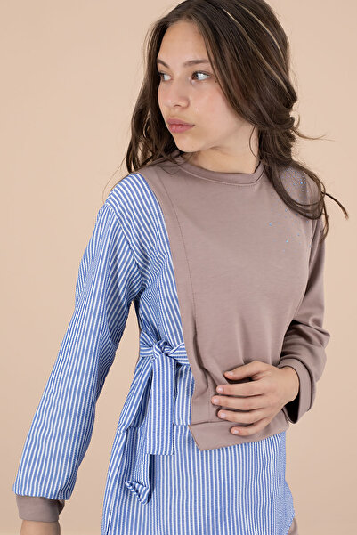 Cansın Mini Blue Line Patterned Stone Detailed Blouse Girl's Belted Pants 2 Piece Set 20661