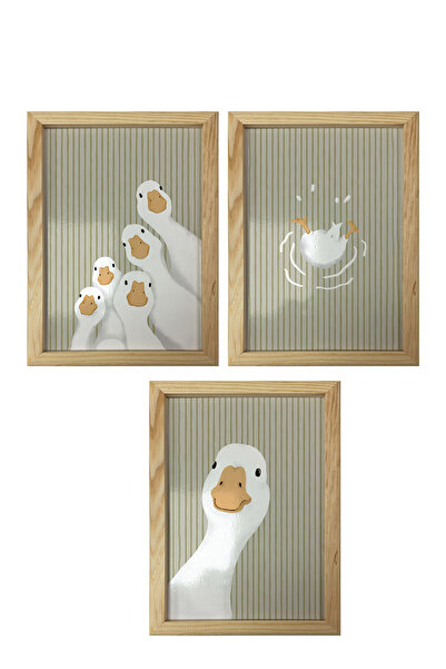 AND Ahşap Çerçeveli Ördek Temalı Tablo Üçlü MDF Poster Tablo Duvar Dekoru (21x30 cm)